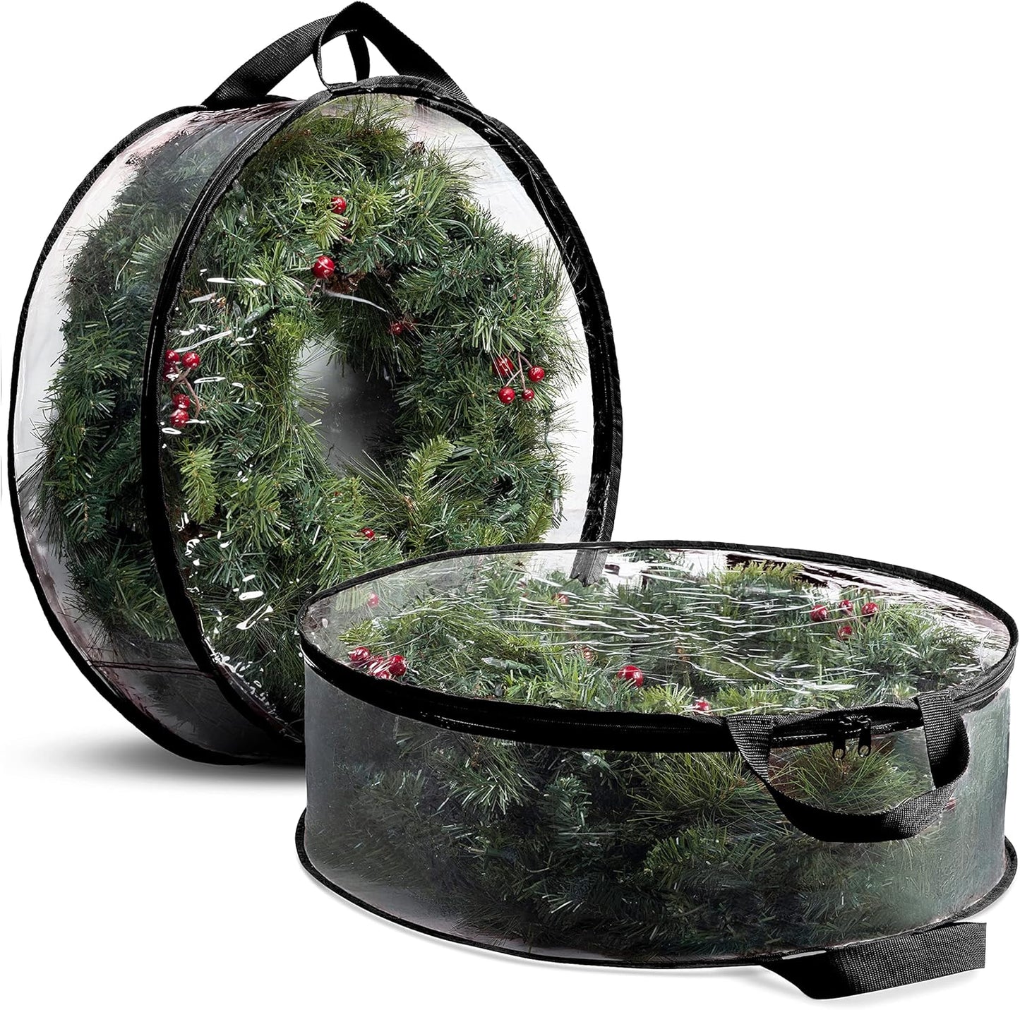 ZOBER Christmas Wreath Storage Container - 30 Inch Dual Zippered Bag with Reinforced Handles - Black | 2 Pack