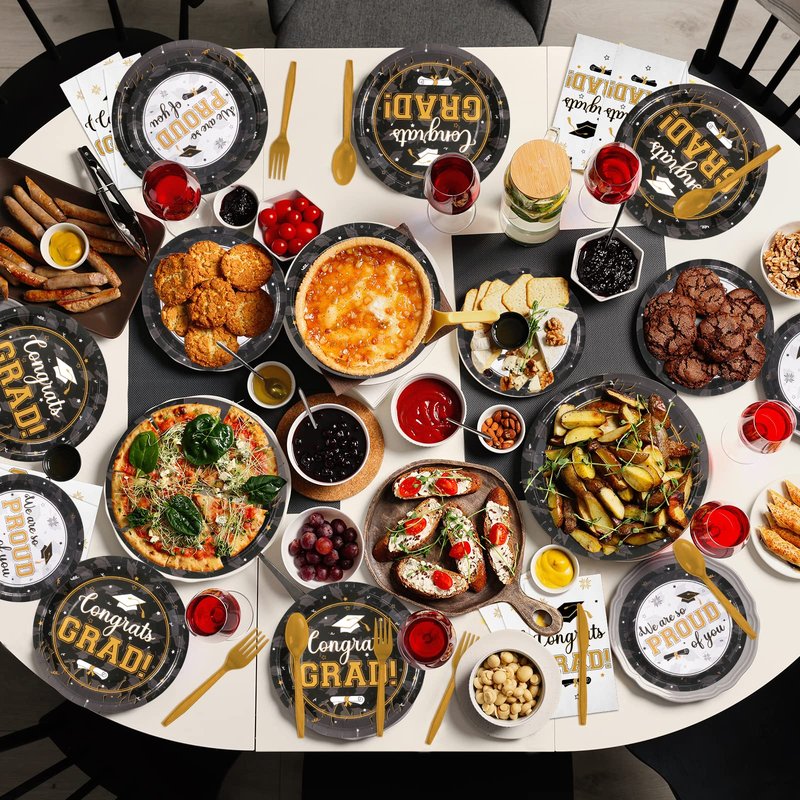 Graduation Party Supplies Congrats Grad Plates and Napkins Set Disposable Tableware Paper Plates Napkins Cup Knive Spoon Fork Straw for Class of 2026 Graduation Party Decorations Serve 100(Black Gold)