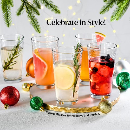 Glaver's Drinking Glasses Set of 10 Highball Glass Cups, Premium Quality 17 Oz. Coolers, Ribbed Glassware. Ideal for Water, Juice, Cocktails, and Iced Tea. Dishwasher Safe.