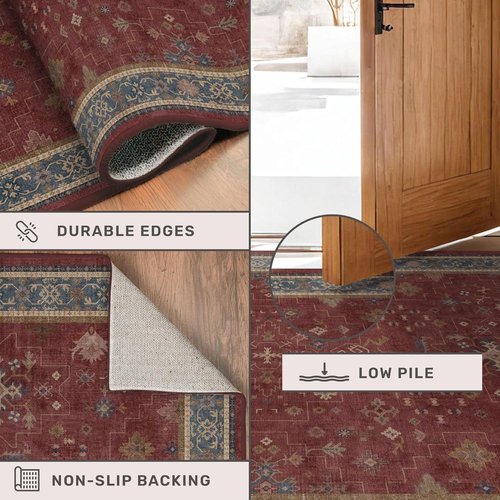Hazo Haus Oriental 9x12 Soft Area Rug - Dark Red Vintage Design for Living Room & Bedroom, Washable Non-Slip