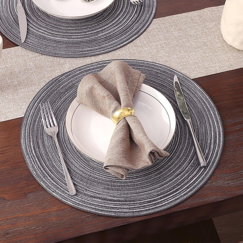 SHACOS Round Braided Placemats Set of 6 Round Table Mats 15 inch Cotton Washable for Holiday Party (Black Grey, 6)