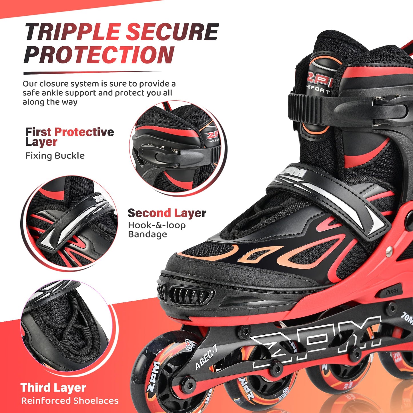 2PM SPORTS Vinal Inline Skates for Girls Boys Kids Ages 5-8 8-12 with Adjustable Illuminating Wheels, Inline Roller Skates for Youth Women Men - Red Large