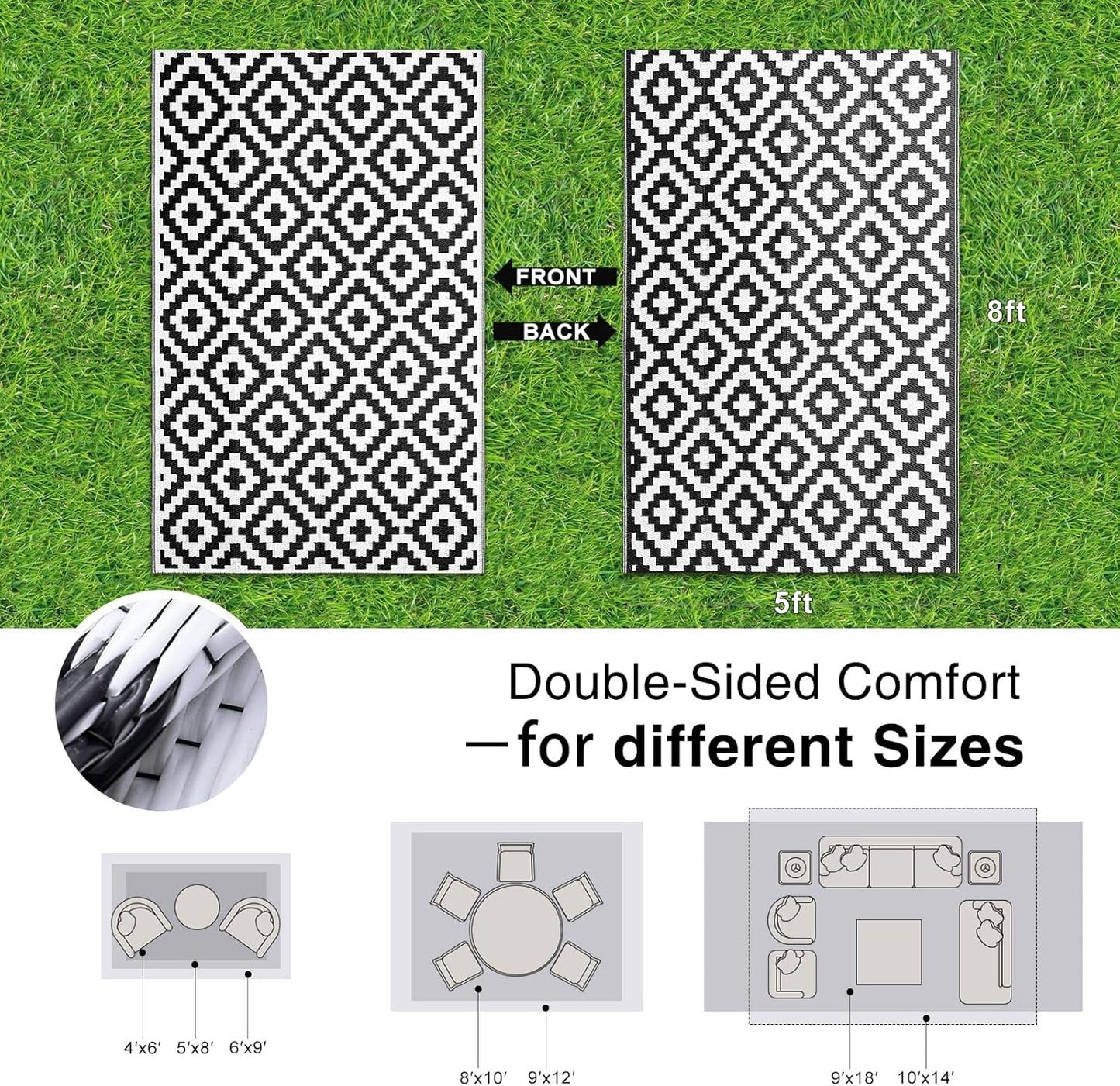 OLANLY Waterproof Outdoor Rug - Versatile 5x8 ft Plastic Straw Mat for Camping & Porch | Black & White