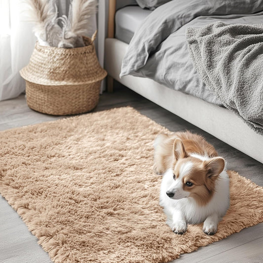 OLANLY Small Bedside Rug - Soft, Machine Washable Shaggy Throw Rug for Bedroom & Living Room | Beige