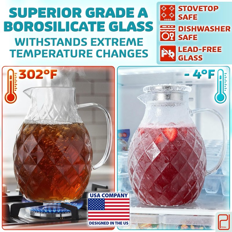 Premium Borosilicate Glass Pitcher with Lid and Spout - 2 Liter / 68 oz, Borosilicate Glass with Handle - Carafe for Hot/Cold Beverages - Water Jug - Iced Tea Pitcher - Juice Server