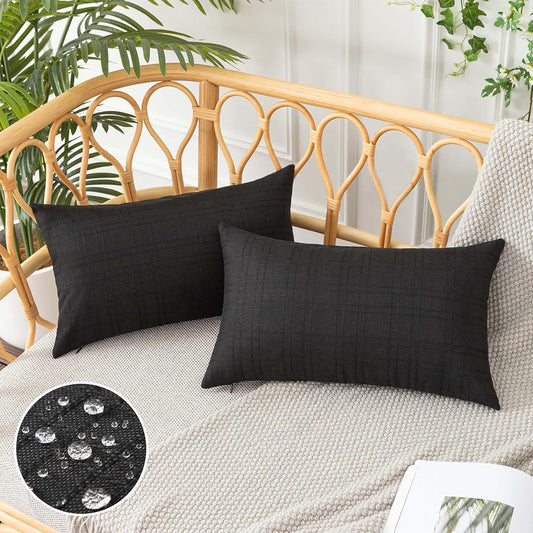 UGASA Outdoor Throw Pillow Covers - Waterproof Plaid Texture | 12x20 Inch Black Farmhouse Decor (Pack of 2)