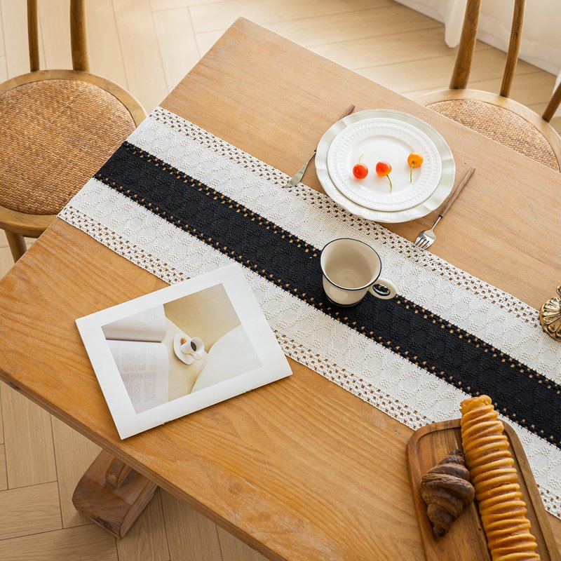 FEXIA Boho Table Runner for Home Decor with Tassels 36 Inches Long,Black Farmhouse Rustic Table Runner Macrame Burlap Table Decoration for Living Room Bridal Shower(12x36 Inches)