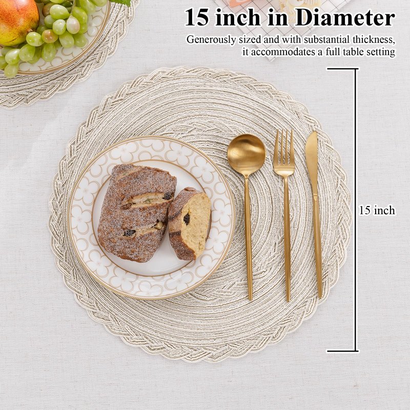 SHACOS Round Placemats Set of 6 Boho Braided Bordered Place Mats 15 inch for Dining Tables Wedding Holiday Party (Ivory Bordered, 6)