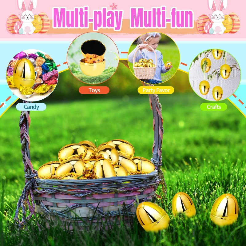 OCTERIC 60 Pcs Shiny Golden Metallic Easter Eggs Bulk, 2.3 ", Fillable Gold Empty Eggs for Fillling Treats, Easter Hunt Basket Suffers Fillers, Easter Theme Party Favors Classroom Prize Supplies