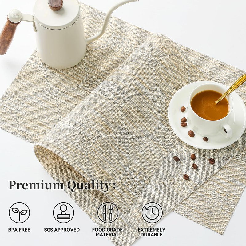 Leetaltree Wheat Placemats Set of 12 - Heat Resistant Non-Slip Place mats for Dining Table, Washable Durable PVC Vinyl Woven Table Mats（Wheat, 12）