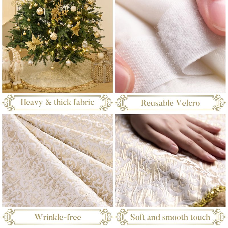 Valery Madelyn Christmas Tree Skirt for Tree Decorations, 48 Inch Fabric White Gold Small Xmas Velvet Tree Skirt with Embroidery Baroque Pattern & Pleated Border for Tree Merry Christmas Party Decor