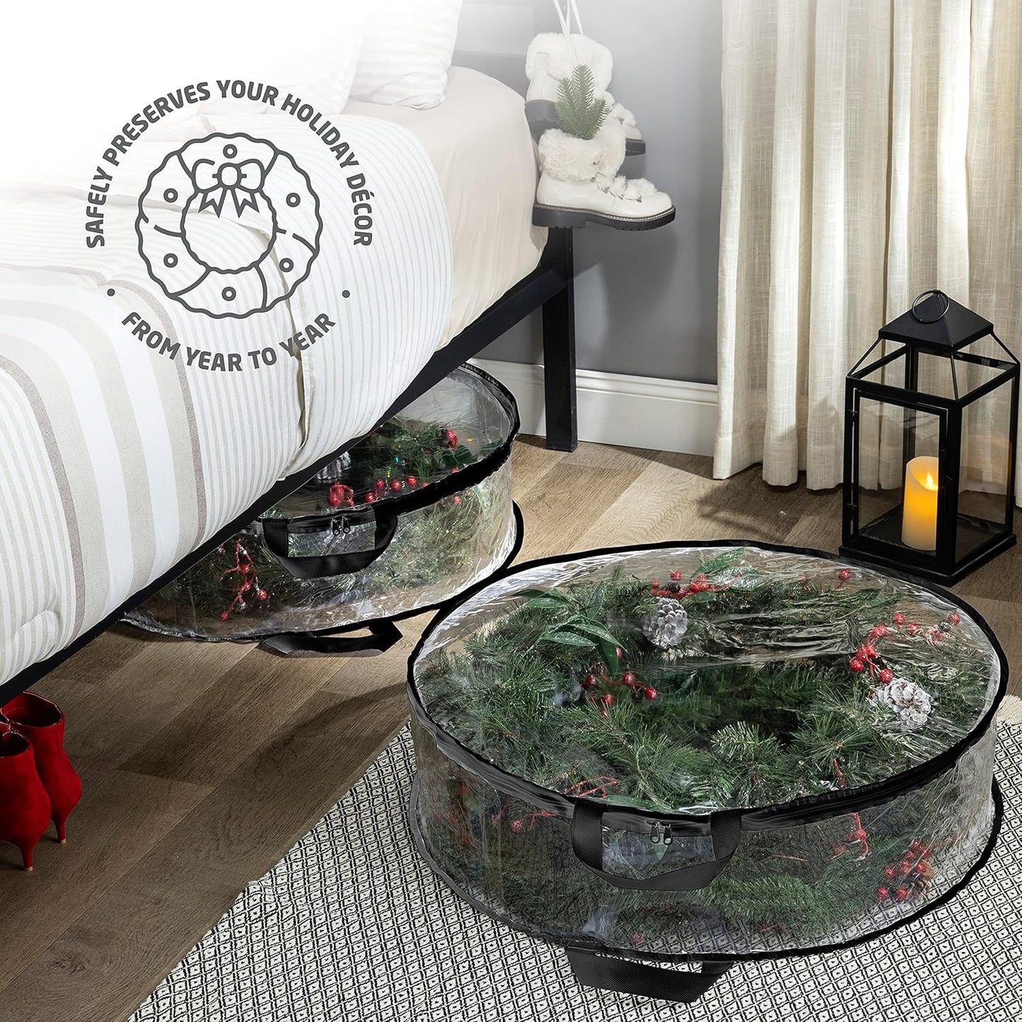 ZOBER Christmas Wreath Storage Container - 30 Inch Dual Zippered Bag with Reinforced Handles - Black | 2 Pack