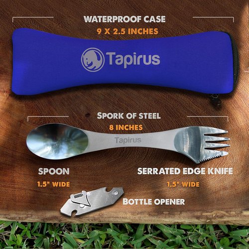 5-Piece Stainless Steel Spork Utensil Set - Durable 8-Inch Camping Cutlery with Bottle Opener & Carrying Case