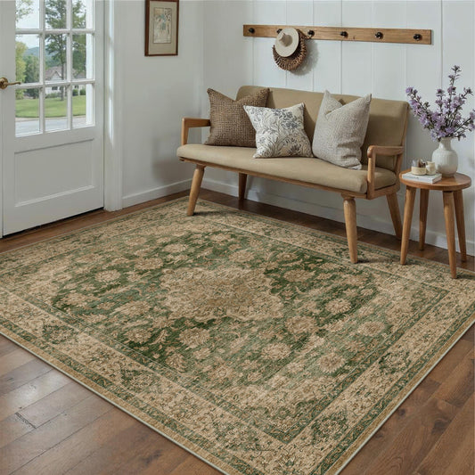 HUGEAR Retro Green Area Rug 5x7 Machine Washable Living Room Rugs Distressed Vintage Floral Low Pile Carpet Bedroom Office Dining Room Laundry Room Non Slip Soft Lightweight