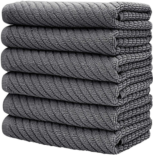 Premium Kitchen Towels (16”x 25”, 6 Pack) | Large Cotton Kitchen Hand Towels | Dish Towels | Diagonal Weave Design | 445 GSM Highly Absorbent Tea Towels Set with Hanging Loop | Grey