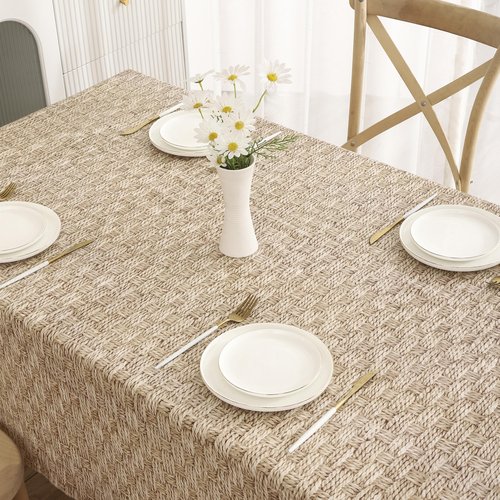 HRNJJYP Heavy Duty Vinyl Tablecloth with Flannel Backing Waterproof Oil-Proof Plastic Table Cloth Stain-Resistant Wipeable Rectangle or Square Table Cover for Dining, Camping (Weaving, 60X84 Inch)